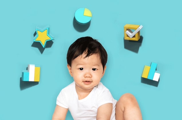 Baby with different icons of charts and graphs around it